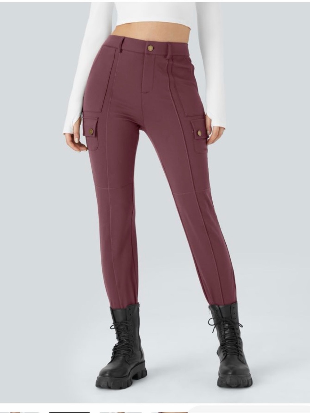 DayStretch High Waisted Zipper Pockets Solid Skinny Cargo Pants Red Mahogany M